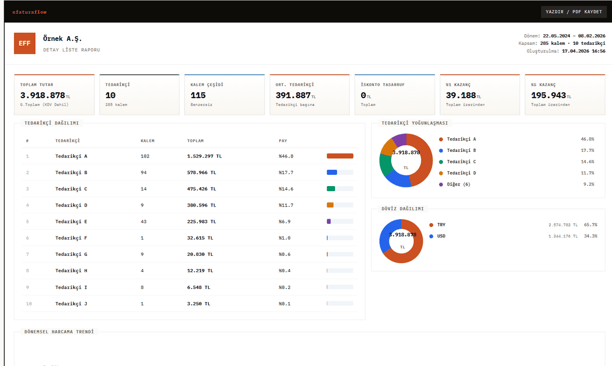 EFaturaFlow Detail List dashboard — KPI cards, supplier breakdown and currency split